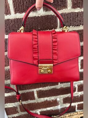 MICHAEL Michael Kors Red Ruffled Leather Shoulder Bag with Gold Chain